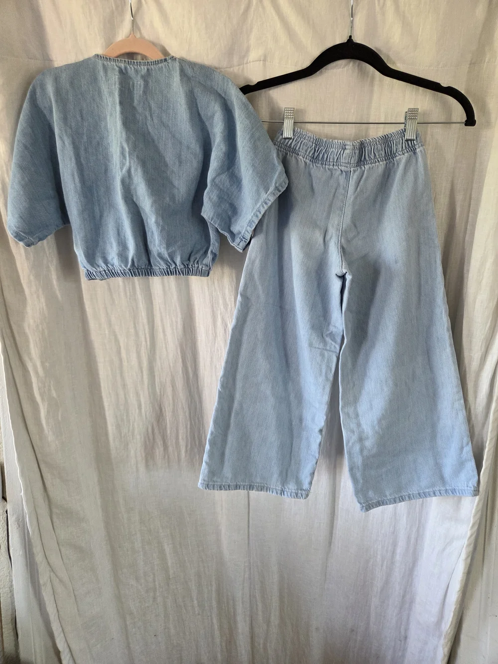 ZARA  Light Wash Denim Set - Cropped Top & Wide Leg Pants, Light Blue